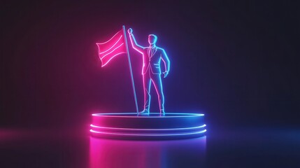 businessman holding a flag on a podium, representing leadership, success, and the power of achieving business goals