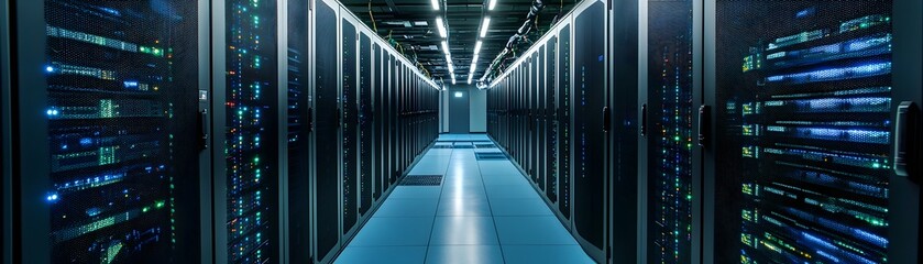 Obraz premium A modern data center interior featuring rows of server racks with blue lights, showcasing high-tech infrastructure designed for data management and storage capabilities.