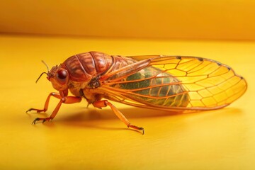 Macro photography: Brown cicada on white, tilt-shift effect creates a miniature scene.