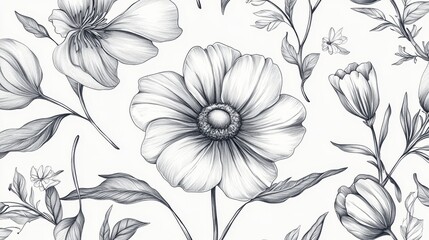 Fototapeta premium Delicate botanical line art featuring naturally imperfect hand-drawn flower silhouettes, including detailed daisy, tulip, and wildflower outlines with visible pencil stroke textures, organic leaf