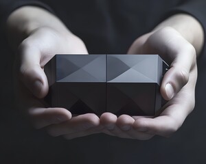 A person holds a sleek, geometric black object, symbolizing innovation and modern design. This captivating image illustrates the intersection of form and function in technology.