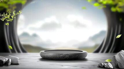 A serene, minimalist scene featuring a stone platform surrounded by greenery and soft clouds, creating a tranquil atmosphere.