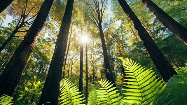 Majestic sunlight filtering through towering trees in an Australian native forest filled with green ferns, Australia native forest nature background Green ferns and trees under sunshine