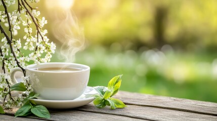 Fresh willow branches with seasonal flowers beside a steaming herbal tea, evoking nature's calm and renewal.