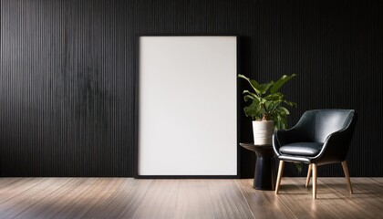 Closeup Mockup Poster Frame in Black Interior with Striking 3D Render, Illuminated by a Minimalist Elegance in a Modern Mood, Showcasing Intricate Textures and Precision.