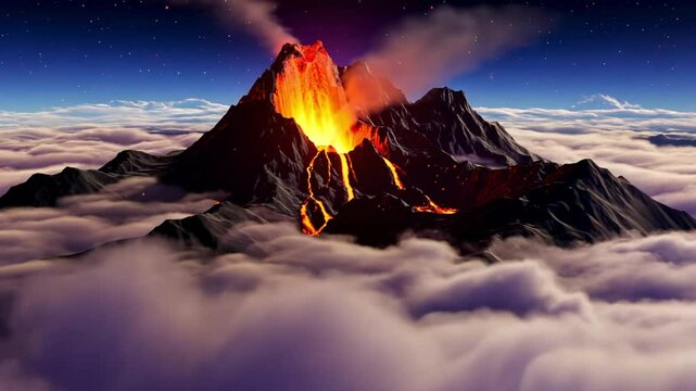 Animation of an active volcano, lava spewing and flowing