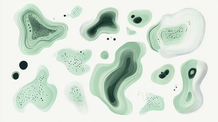 Abstract biomorphic blob collection featuring soft mint green organic shapes with precise black contour lines, flowing asymmetrical forms reminiscent of microscopic organisms, multiple layered