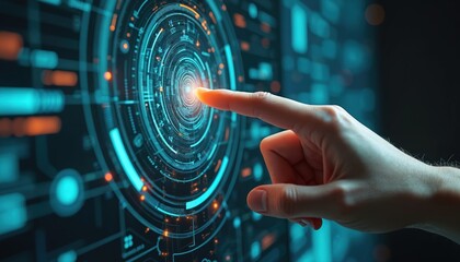 Closeup of finger touching futuristic interface with digital data, holographic elements. Man interacts with hi-tech screen, unlocks augmented reality, modern technology concept. Innovation, data