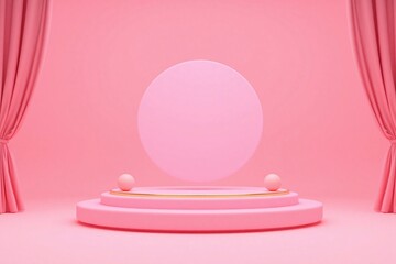 Stage with pink background gold border and pink circle with spheres