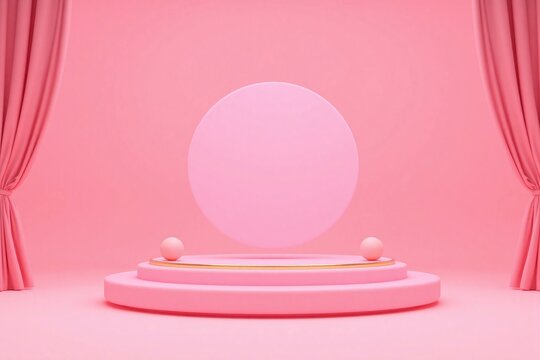 Stage with pink background gold border and pink circle with spheres