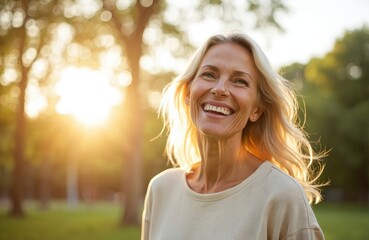 Portrait of happy mature woman enjoying sunny day in nature. Middle aged cheerful woman. Carefree blonde relax, health, active lifestyle. Menopause age. Beauty smiling face.