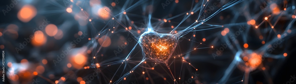 Poster a stunning close-up of a neural network highlighting interconnected neurons with glowing synapses, s