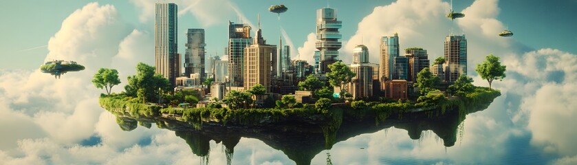 Obraz premium A stunning floating city embedded in lush green landscapes under a bright blue sky, showcasing futuristic architecture and harmonizing nature with urban living.