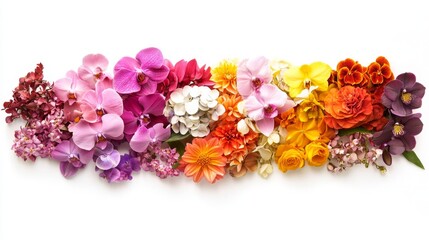 Obraz premium Stunning flower color transition display featuring multiple varieties arranged horizontally, royal purple to soft pink to crisp white to sunny yellow to fiery orange to deep crimson blooms, macro