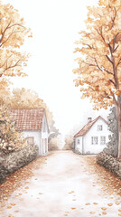 Naklejka premium Autumn Village Watercolor Painting