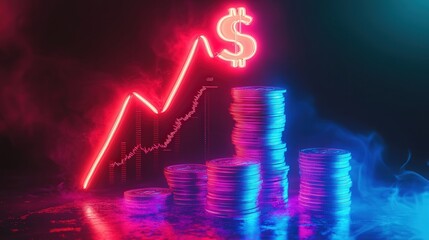 neon illustration of a stack of coins growing taller, a measurement tool tracking the increase, and a dollar symbol glowing above