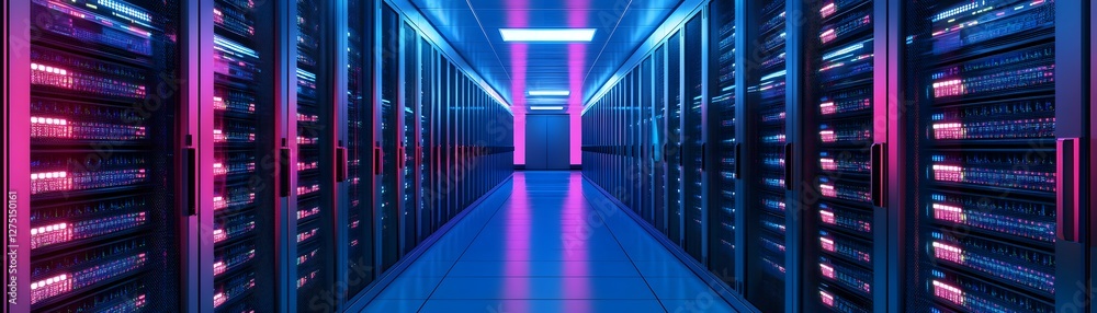 Poster a vibrant data center corridor illuminated by colorful led lights. the rows of server racks create a