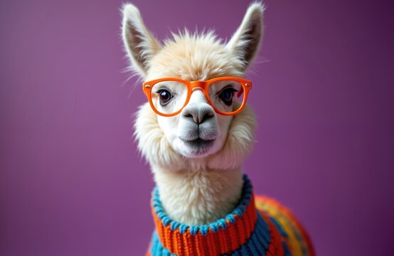 Cute alpaca wears colorful knitted sweater, glasses. Funny animal portrait isolated on purple studio background. Design element, clip art, cartoon character. Back to school theme.