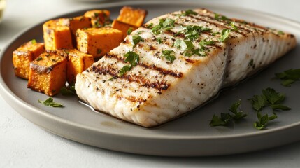 A perfectly grilled halibut steak with a side of roasted