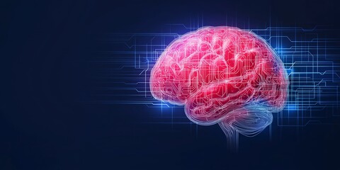 innovation, war, competition concept. Digital representation of a glowing brain with glowing lines and particles.