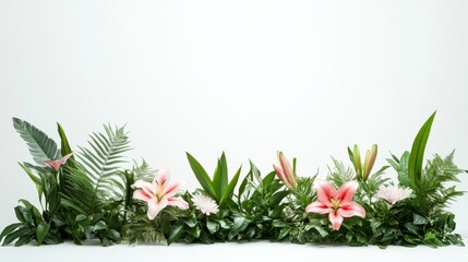 High-end botanical specimen layout showing linear arrangement of lily plants, delicate pink flowers, emerald green leaves, natural growth positions, studio lighting, pure white environment,
