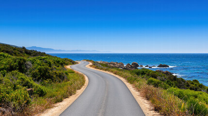 A winding road along a coastal landscape, with lush greenery on one side and a clear blue ocean under a bright sky.