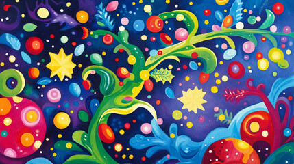 Whimsical holiday mistletoe fantasy vibrant surreal festive botanical abstract colorful joyful artistic decorative dreamy cheerful modern imaginative digital painting illustration neon bold wallpaper