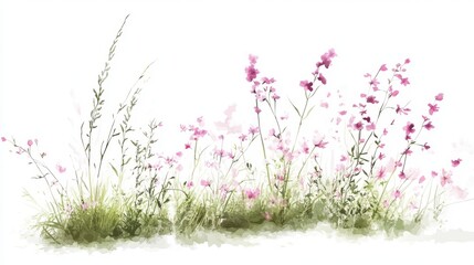 flowering meadow shrubs, scattered delicate petals, varied height composition, harmonious pastel palette, landscape design element, botanical vector art, environmental planning visual, painterly
