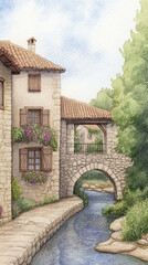 Naklejka premium Watercolor Painting of a Charming European Village with Stone Bridge