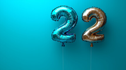 Colorful balloons displaying the number 22 on a vibrant background