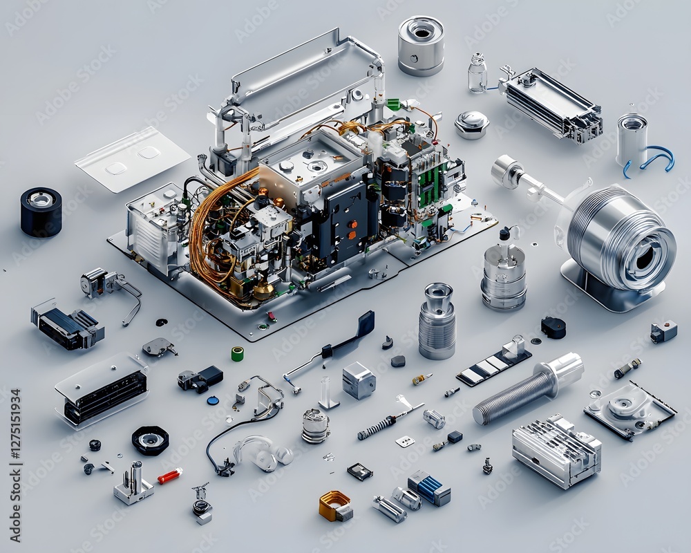 Poster an intricate layout of various technology components, showcasing the complexity and detail of modern