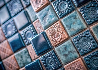 Modern design meets antique charm with these close-up blue ceramic mosaic wall tiles.