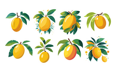 Icons sets collection of colorful illustrations of mangoes with various leaf arrangements and artistic styles, highlighting the fruit's vibrant colors and natural beauty