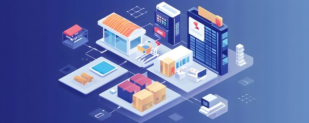 Obraz premium An isometric illustration of a modern business district with buildings, warehouses, and logistics elements.