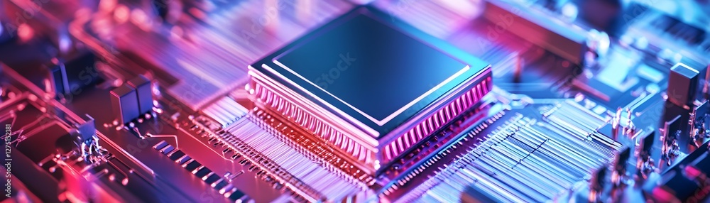 Poster close-up view of a computer chip on a circuit board, illuminated with vivid colors. this image captu