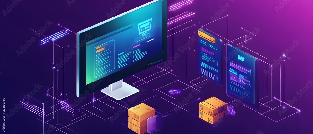 Poster futuristic computer interface design with bright colors and innovative digital elements for tech pro