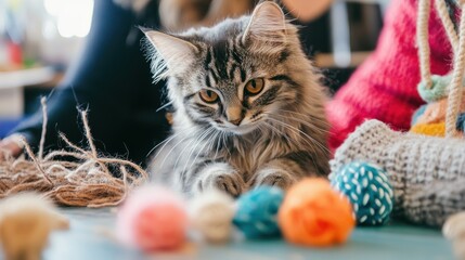 A DIY cat toy workshop, pet owners crafting interactive toys for their playful kittens