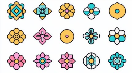 flat geometric flower icons set, bold pastel colors, thick black outline style, minimalist daisy shapes, yellow purple turquoise coral petals, simple centered circles, clean white background, playful