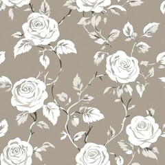 sophisticated floral silhouettes, delicate white roses, ornate leaf designs, vintage garden pattern, subtle gray backdrop, elegant botanical motifs, classic repeat composition, refined decorative