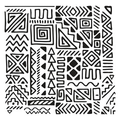 Decorative black and white geometric print patterns create a decorative square design, featuring various shapes and intricate borders.