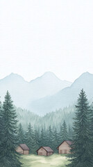 Fototapeta premium Misty Mountain Landscape with Wooden Cabins
