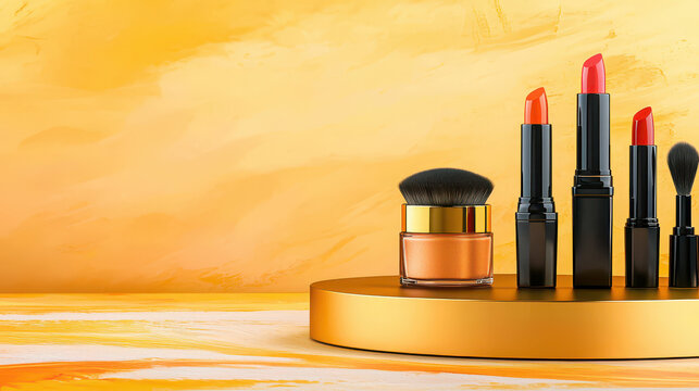 A vibrant display of colorful lipsticks and a cream on a golden pedestal against a bright yellow background.