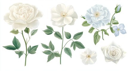 Fototapeta premium sophisticated floral collection, blooming peonies, classic roses, pale blue clematis, fresh leaf arrangements, romantic garden style, delicate summer bouquets, refined botanical elements, elegant