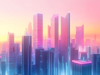 Obraz premium This vibrant city skyline is bathed in hues of pink and blue, showcasing a futuristic architecture at sunrise