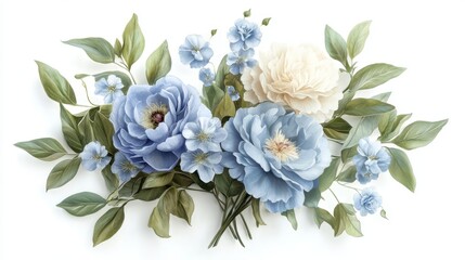 Fototapeta premium enchanting garden bouquets, luxurious peonies, elegant roses, soft blue clematis blossoms, natural green foliage, romantic floral compositions, refined summer arrangements, graceful botanical