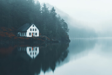 Fototapeta premium Serene Lakeside Cabin in Misty Forest with Calm Reflections