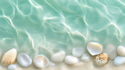 Tranquil waves over seashells and pebbles on a sandy beach shoreline