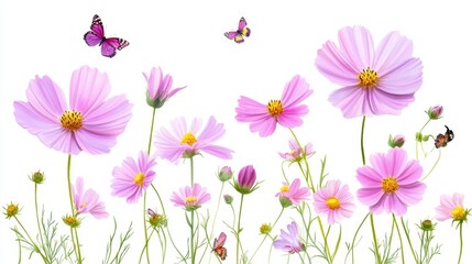 Fototapeta premium elegant wildflower composition, airy pink cosmos, dancing purple blooms, wandering butterflies, bright yellow daisies, luminous watercolor technique, graceful green stems, spring border design,