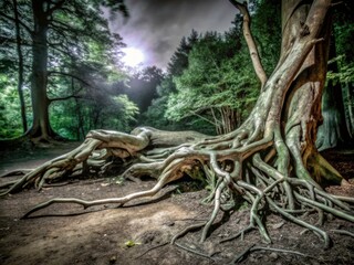 Night's embrace: A fallen tree, shrouded in darkness, reveals its roots in a mystical woodland.