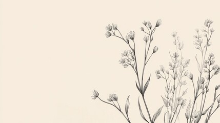Luxury botanical sketch, minimalist floral line art, sophisticated wedding invitation design, elegant scattered wildflowers, refined hand-drawn elements, graceful organic composition, subtle natural